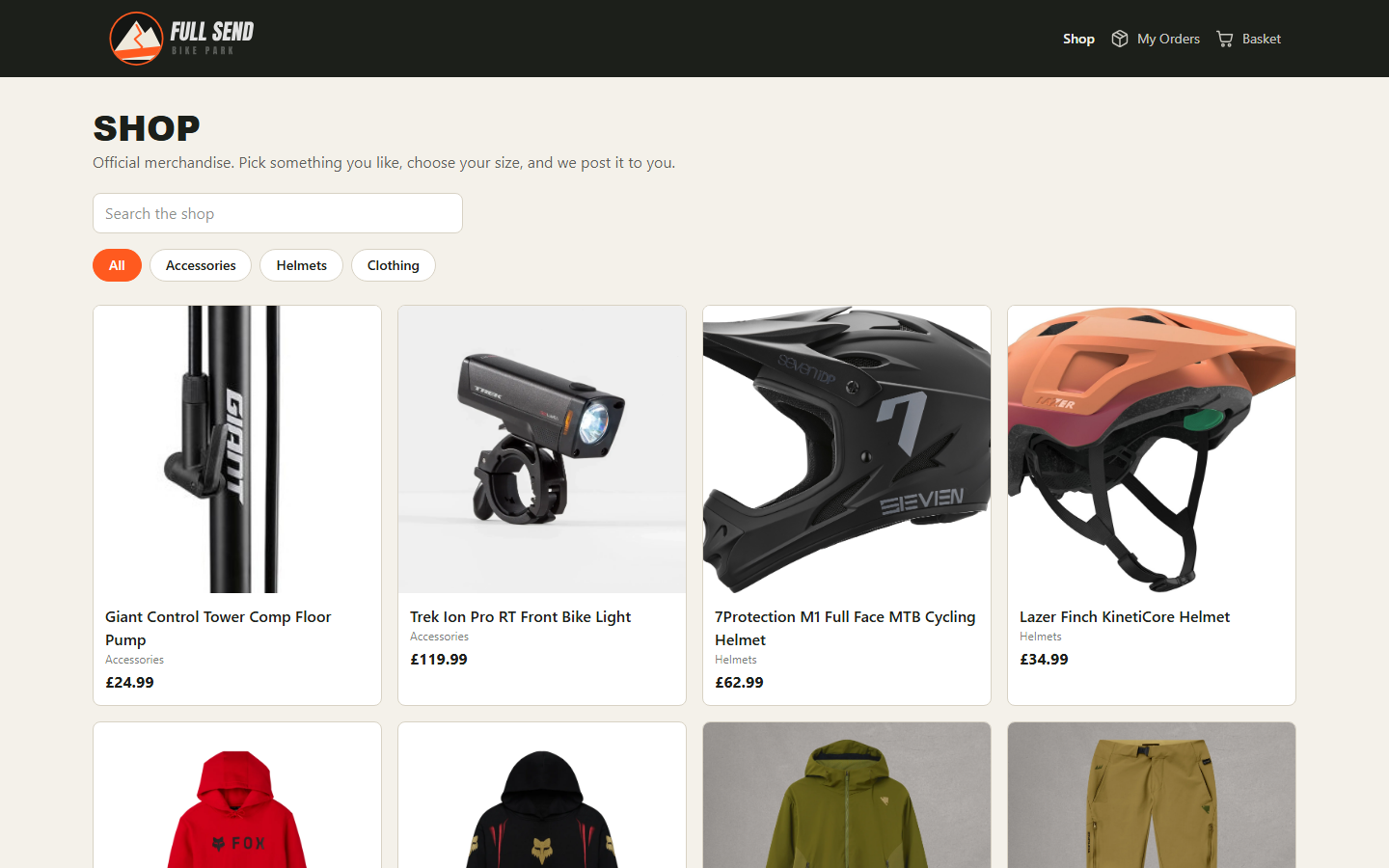 The Full Send Bike Park merchandise shop